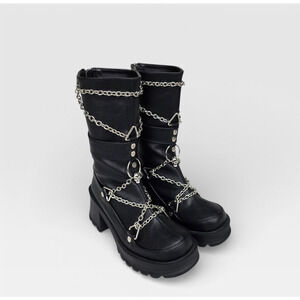 Demonia Bratty Chain Skull Combat Boot Goth Chunky Platform Midcalf Size 7